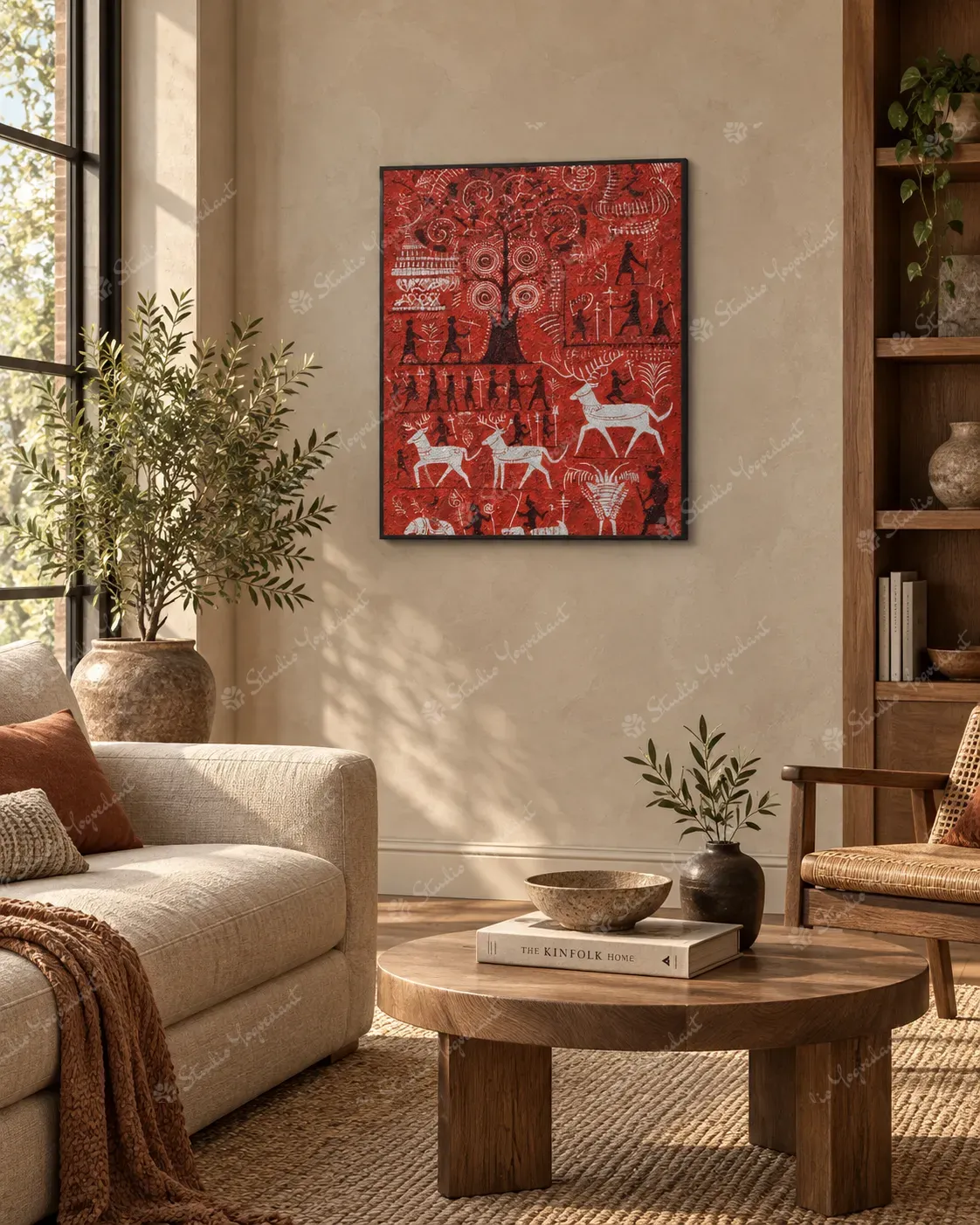 Red Warli Village Life Painting - Image 7